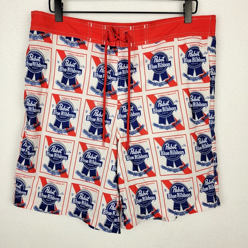 Pabst Blue Ribbon Logo Swim Trunks Men L Red Blue Beer Print Drawstring Stretch